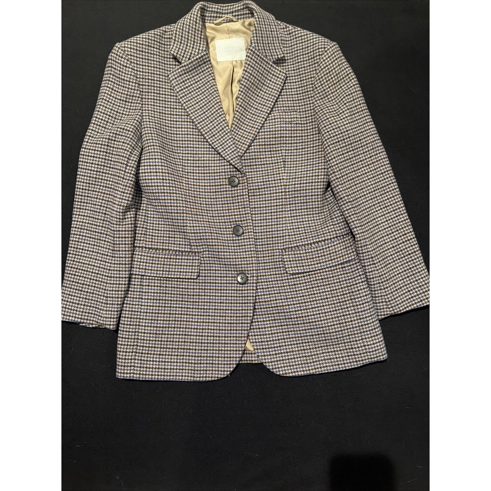 Everlane Oversized Houndstooth Wool Blend Blue Tan 3 Button Women Size 0